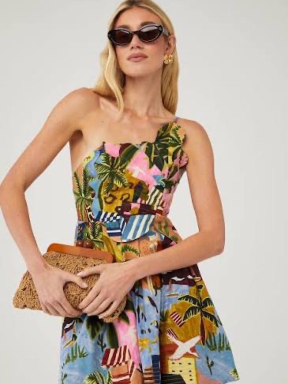 Farm Rio Tropical Painting one shoulder mini dress, size small